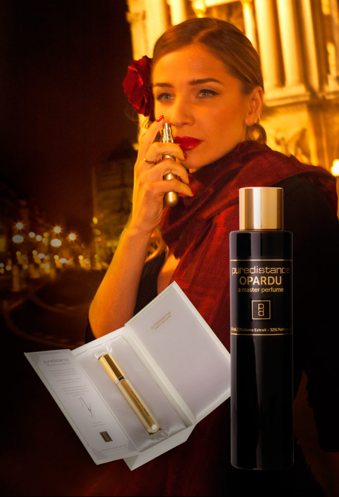 Egija Zviedre in Paris smelling Puredistance Master Perfume OPARDU